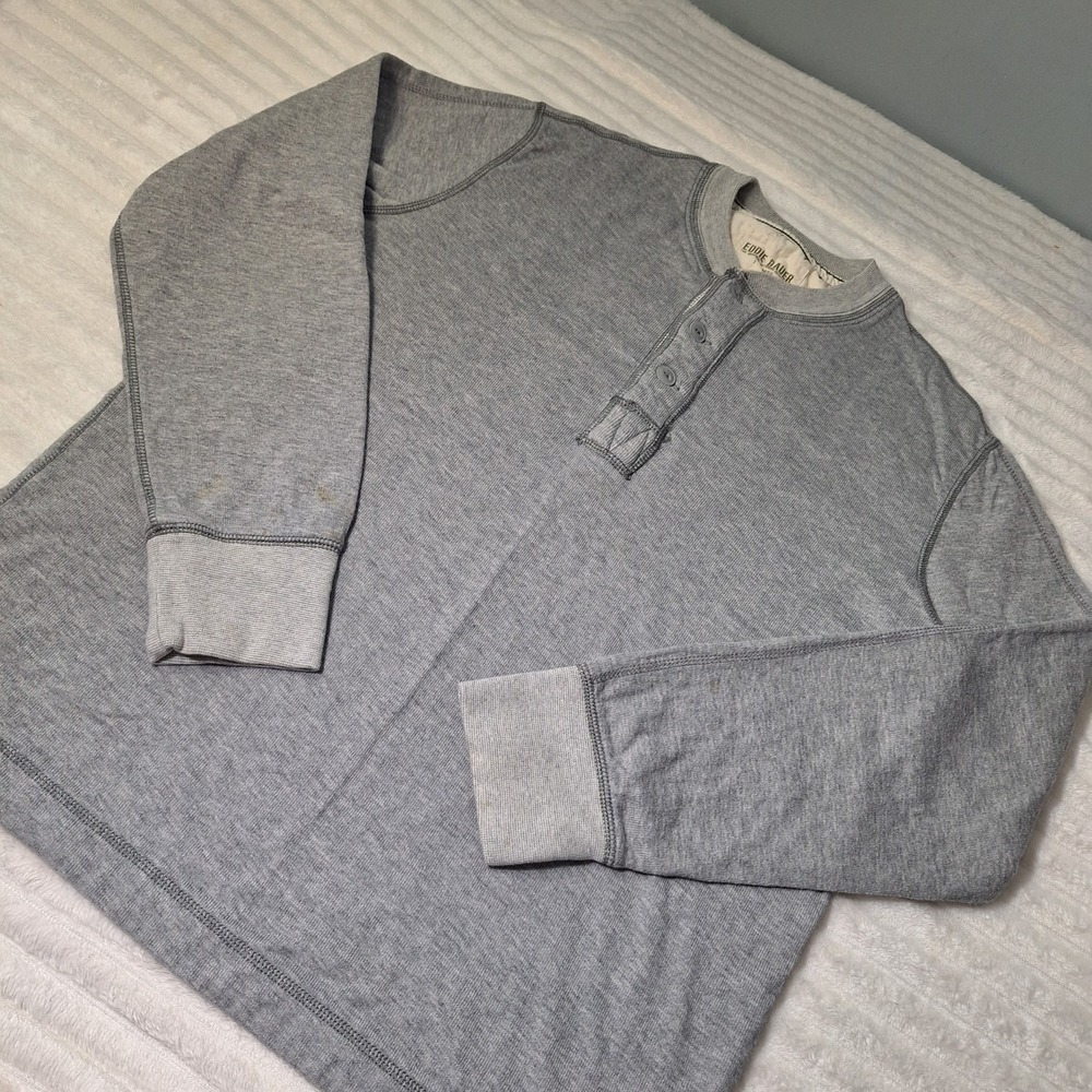 Eddie Bauer Ribbed Henley Shirt Mens L Gray Cotton LS Thermal Knit Cabin Chore